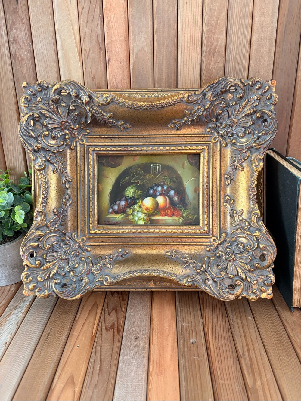 Vintage Gold Baroque Still Life Artisan Painting by C. Telfer, MCM